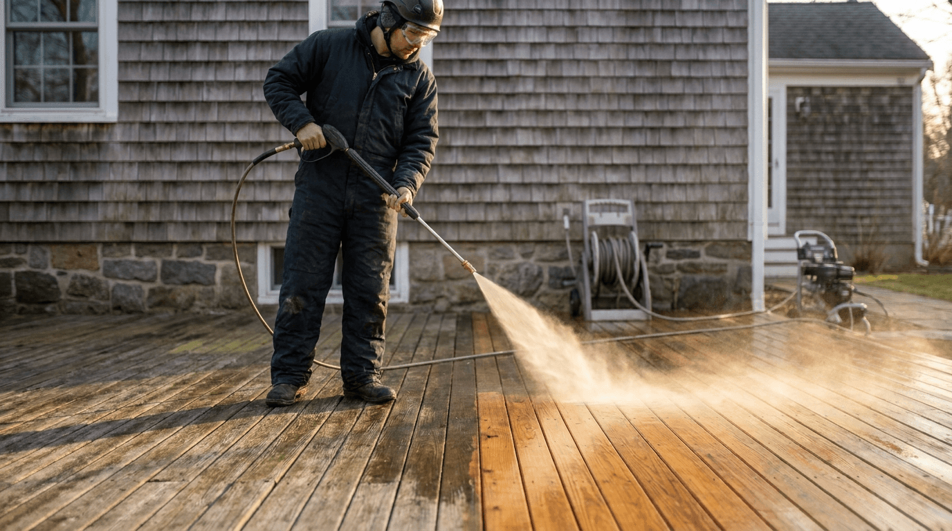 Power-washing technician in coveralls cleaning a wooden deck behind a residential house, with mist rising from the spray and clean wood revealed beneath.